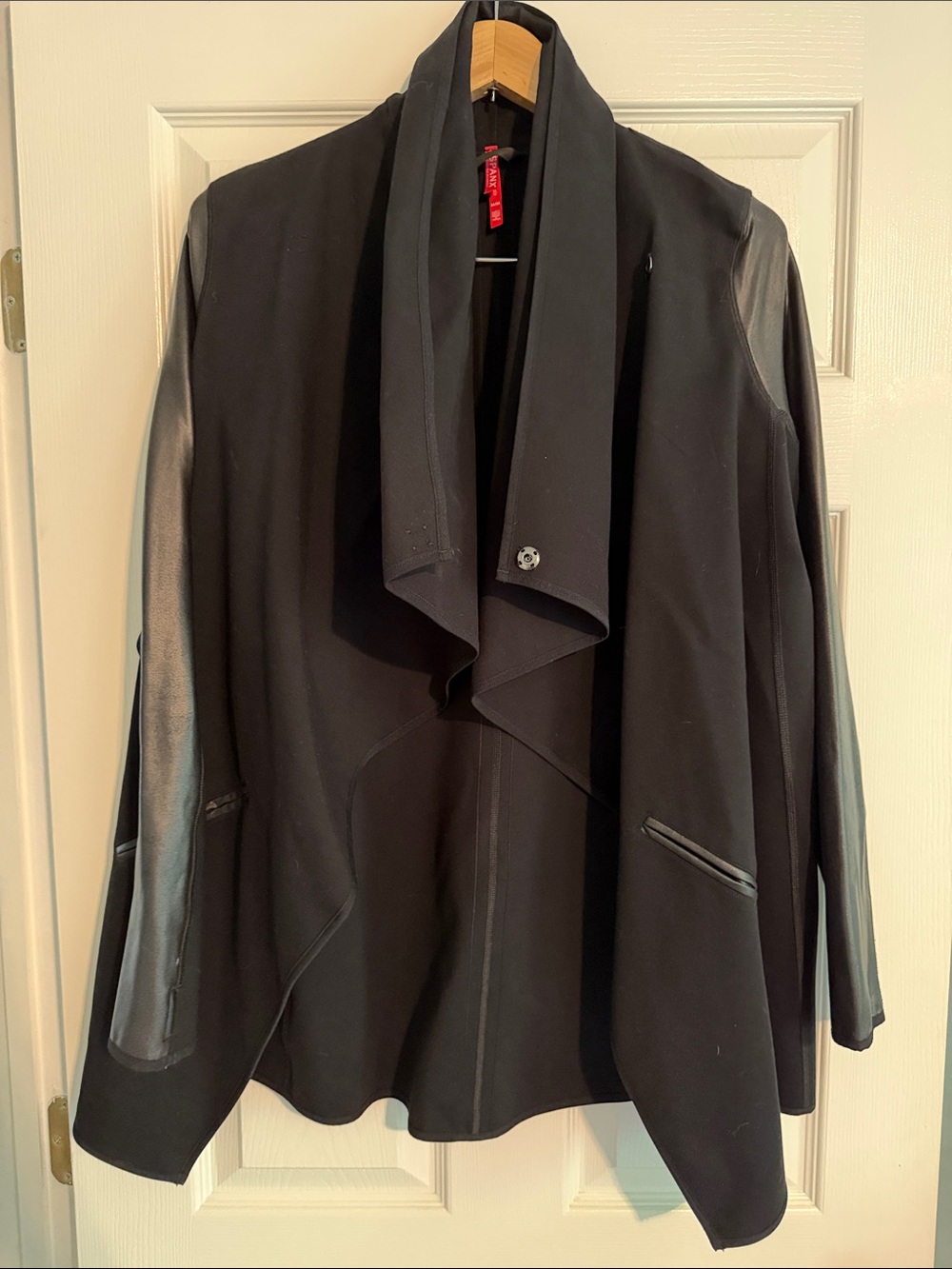 Spanx Black Open-Front Draped Jacket with Faux Leather Sleeves